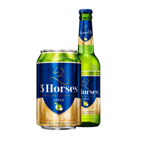 A bottle of 3 Horses Apple a refreshing non-alcoholic malt with crisp apple flavor