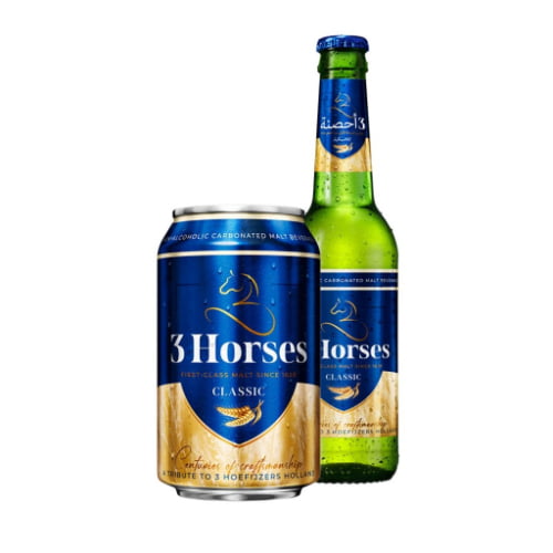 A bottle of 3 Horses Classic premium non-alcoholic malt from Bavaria Brewery Netherlands