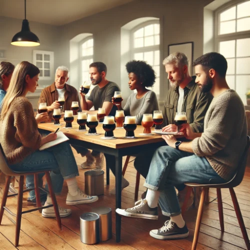 A realistic and cozy image of a diverse group of people from various cultural backgrounds enjoying a non-alcoholic malt tasting in a comfortable and warm home setting