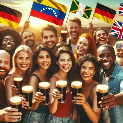 A realistic image showing a diverse group of friends from Venezuela, Germany, Nigeria, UK, Jamaica, and the USA, raising glasses of non-alcoholic malt in a toast