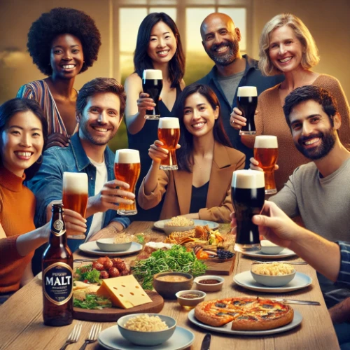 A realistic and inviting image of a diverse group of people from different racial backgrounds, including an Asian person, a Latina, an African, and a European, enjoying non-alcoholic malt beverages at a cozy dinner.