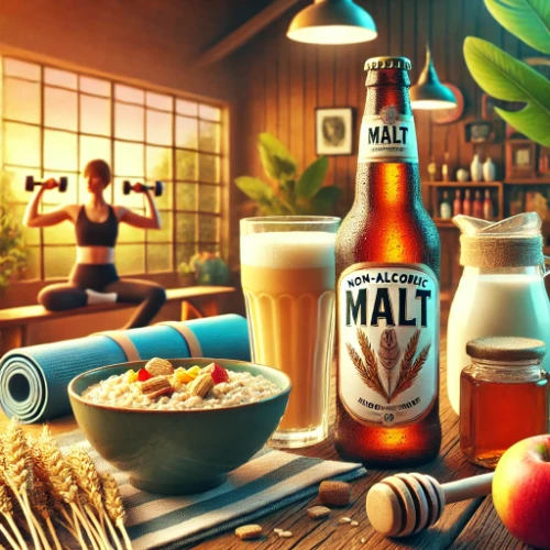 A warm and inviting image illustrating how non-alcoholic malt beverages can be integrated into daily wellness routines, featuring a healthy breakfast setup.