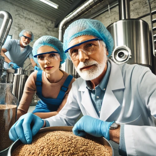 Non-alcoholic maltsters profiles examining malt grains in a modern brewery setting