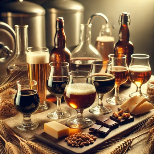 An elegant and inviting image showcasing a non-alcoholic malt tasting setup with different types of malt beverages in various glasses.