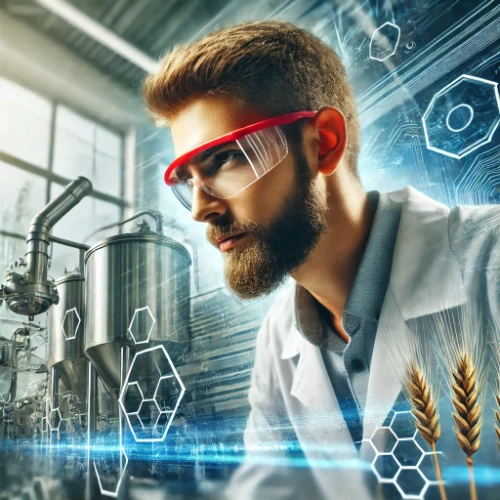 Scientist wearing safety goggles in a modern laboratory, symbolizing innovation in non-alcoholic malt beverages, with digital elements and wheat in the background