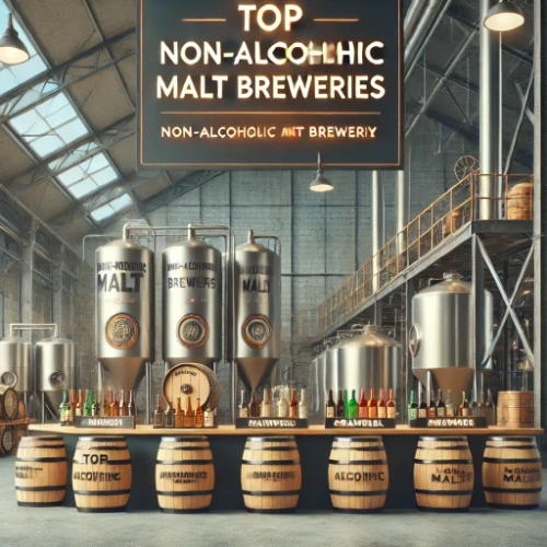 Interior of a modern brewery showcasing large brewing tanks labeled 'Non-Alcoholic Malt Breweries,' with barrels and bottles of non-alcoholic malt beverages on display, representing the top producers in the industry