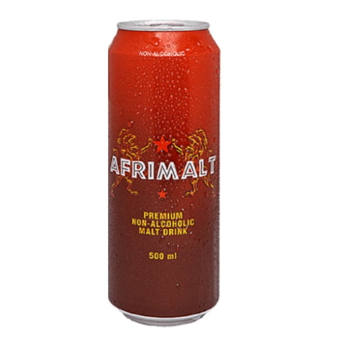 A bottle and can of Afrimalt a rich non-alcoholic malt beverage crafted in the UK