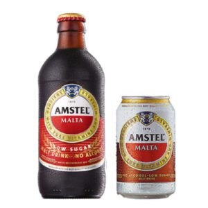 A bottle of Amstel Malta premium non-alcoholic malt beverage with a smooth creamy texture