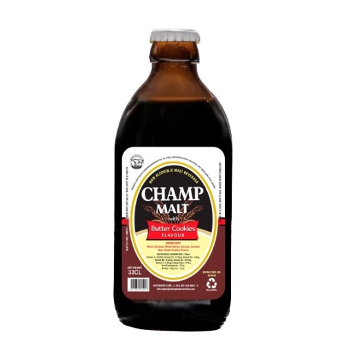 A bottle of Champ Malt with Butter Cookies a non-alcoholic malt drink with a creamy butter cookies flavor