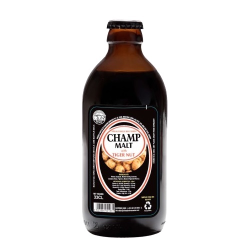 A bottle of Champ Malt with Tiger Nut a non-alcoholic malt drink with the sweet flavor of tiger nuts rich in calcium