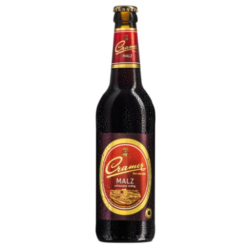 A bottle of Cramer Malz a premium non-alcoholic malt beverage with roasted malt sweetness