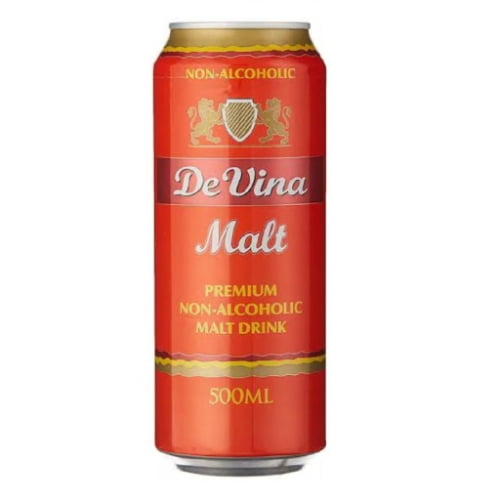 A bottle and can of De Vina Malt a premium non-alcoholic malt beverage with rich flavor