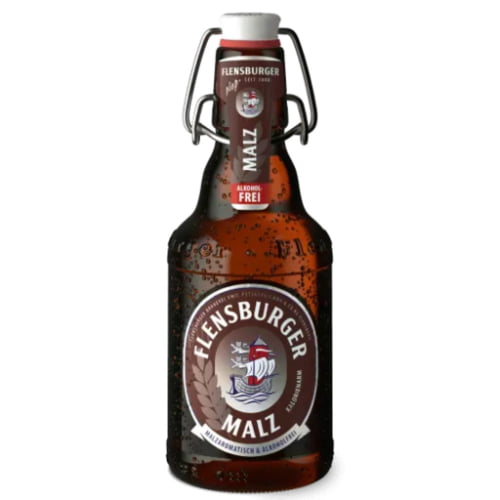 A bottle of Flensburger Malz a non-alcoholic malt beverage with deep caramel sweetness