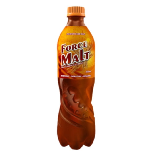 A bottle and can of Force Malt a popular non-alcoholic dark malt beverage by Multipac