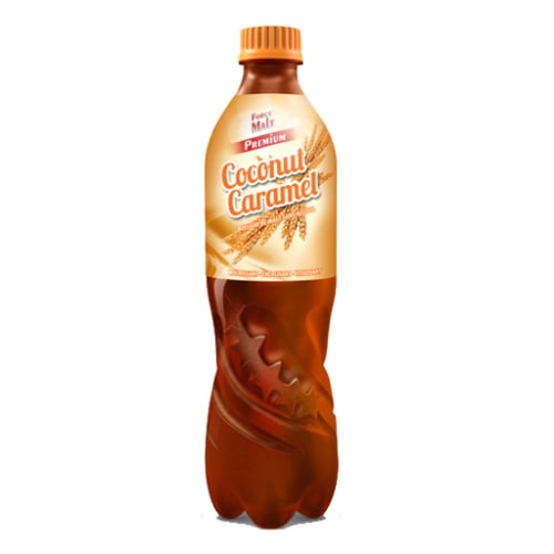 A bottle of Forcemalt Coconut Caramel a non-alcoholic malt beverage with caramel and coconut flavors