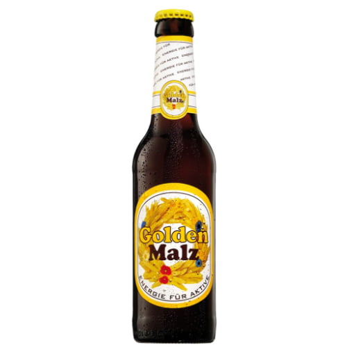 A bottle of Golden Malz a premium non-alcoholic malt beverage with deep complex flavors