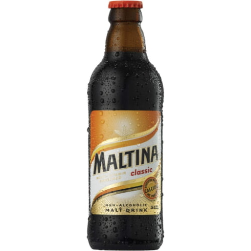 A bottle of Maltina a classic non-alcoholic malt beverage from Nigeria with a rich creamy flavor and a nutritious profile