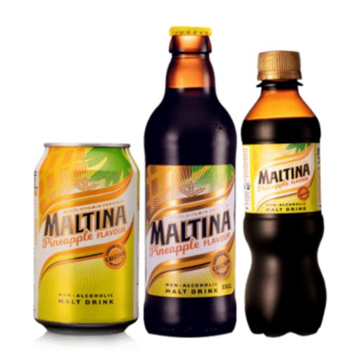 A bottle of Maltina Pineapple a tropical non-alcoholic malt drink from Nigeria blending sweet malt and tangy pineapple flavors