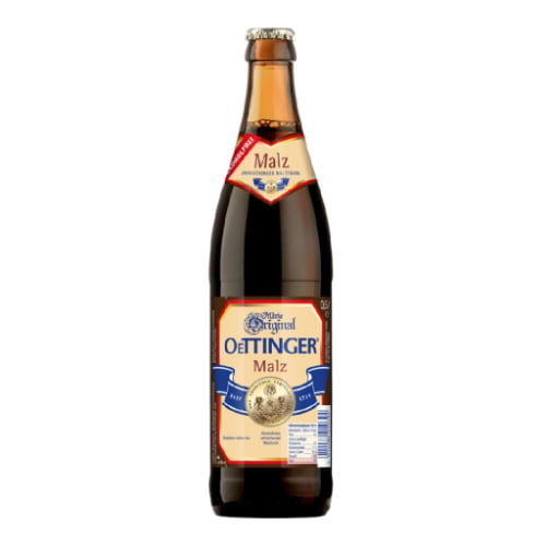 A bottle of Oettinger Malz a non-alcoholic malt beverage from Germany with caramel sweetness and roasted malt