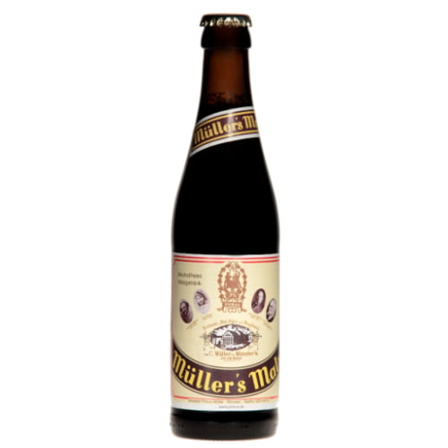 A bottle of Müller’s Malz a non-alcoholic malt beverage from Pinkus Brewery in Germany rich and full-bodied