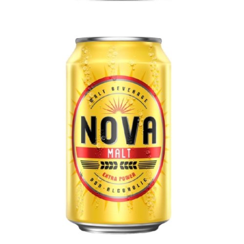 A bottle of Nova Malt a non-alcoholic malt beverage from Van Pur in Poland rich and full-bodied