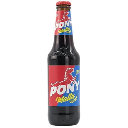 A bottle of Pony Malta a beloved non-alcoholic malt beverage from Bavaria Brewery in Colombia