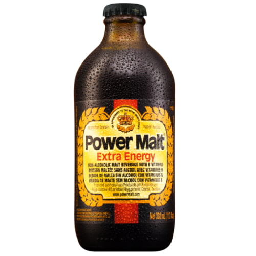 A bottle of Power Malt a premium non-alcoholic malt beverage from Royal Unibrew in Denmark