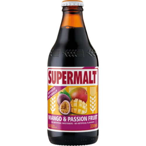 A bottle of Supermalt Mango & Passion Fruit a non-alcoholic malt beverage with exotic flavors from Royal Unibrew