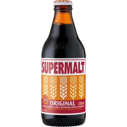 A bottle of Supermalt Original a classic non-alcoholic malt beverage crafted by Royal Unibrew in Denmark