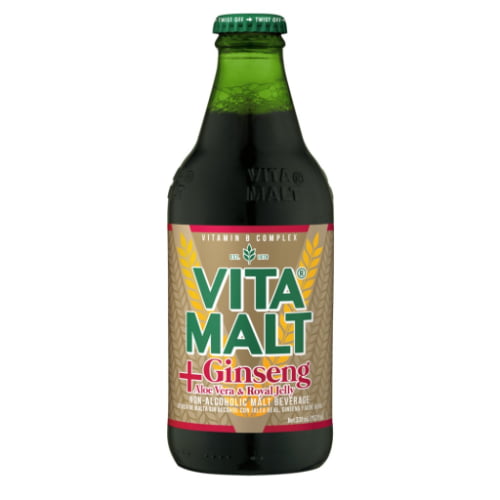 A bottle of Vita Malt Ginseng Aloe Vera & Royal Jelly a non-alcoholic malt drink with revitalizing ingredients