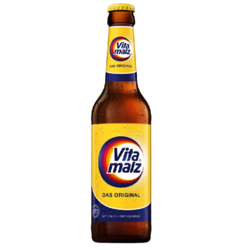 A bottle of Vitamalz a beloved non-alcoholic malt beverage from Germany with a smooth sweet flavor