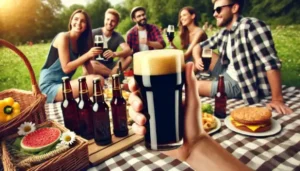 Friends enjoying non alcoholic malt beverages at a picnic on a sunny day.