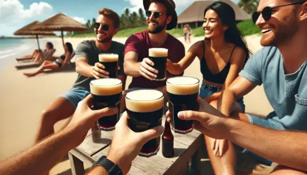 Friends toasting with malt drinks on the beach