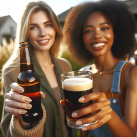 Women enjoying a refreshing non alcoholic malt drink outdoors