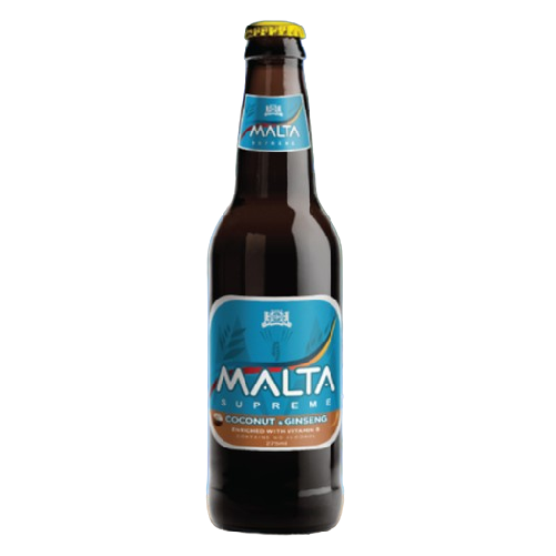 A bottle of Malta Supreme Coconut and Ginseng a non-alcoholic malt drink with natural coconut and ginseng flavor enriched with Vitamin B