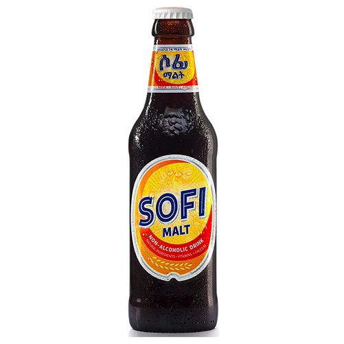 A bottle of Sofi Malt a non-alcoholic dark malt beverage made from Ethiopian barley offering rich flavor and nutrition