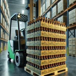 An elevator truck with a pallet plenty of boxes of non-alcoholic malt